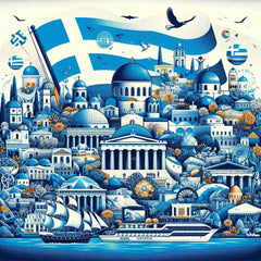 the essence of Greece, with vibrant colors and elements that represent the continent's diverse cultures, wildlife and landscapes. Incorporate iconic symbols such as traditional natural features. The style should be a harmonious mix of abstract and realistic imagery to convey a sense of the rich diversity of African heritage.