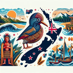 the essence of New Zealand, with vibrant colors and elements that represent the continent's diverse cultures, wildlife and landscapes. Incorporate iconic symbols such as traditional natural features. The style should be a harmonious mix of abstract and realistic imagery to convey a sense of the rich diversity of African heritage.