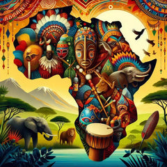 the essence of Africa, incorporating vibrant colors and elements that represent the diverse cultures, wildlife, and landscapes found across the continent. Include iconic African symbols such as traditional masks, drums, wildlife like elephants or lions, and natural features like the savanna or Mount Kilimanjaro. The style should be a harmonious blend of abstract and realistic imagery to convey a sense of the rich tapestry that is Africa's heritage.