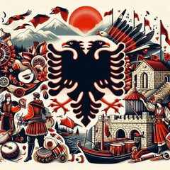 the essence of Albania, with vibrant colors and elements that represent the continent's diverse cultures, wildlife and landscapes. Incorporate iconic symbols such as traditional natural features. The style should be a harmonious mix of abstract and realistic imagery to convey a sense of the rich diversity of African heritage.