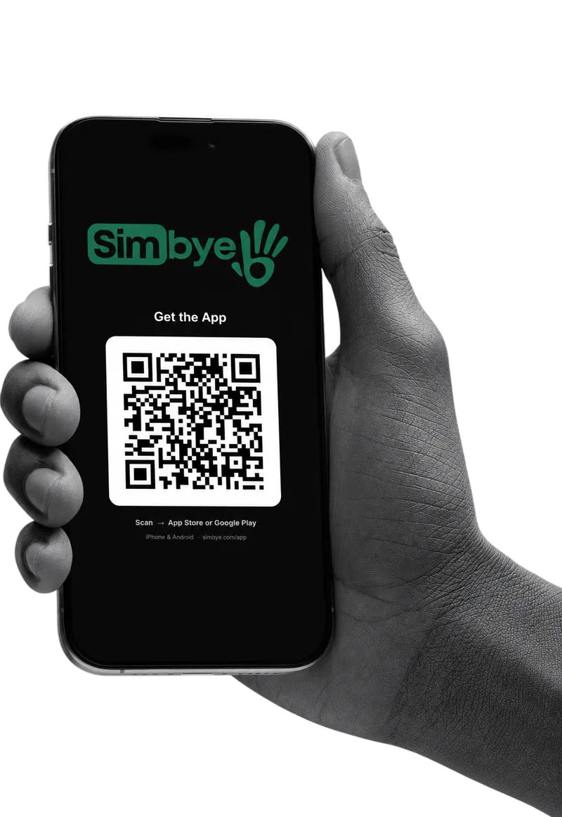 Hand holding a phone with the Simbye app QR code